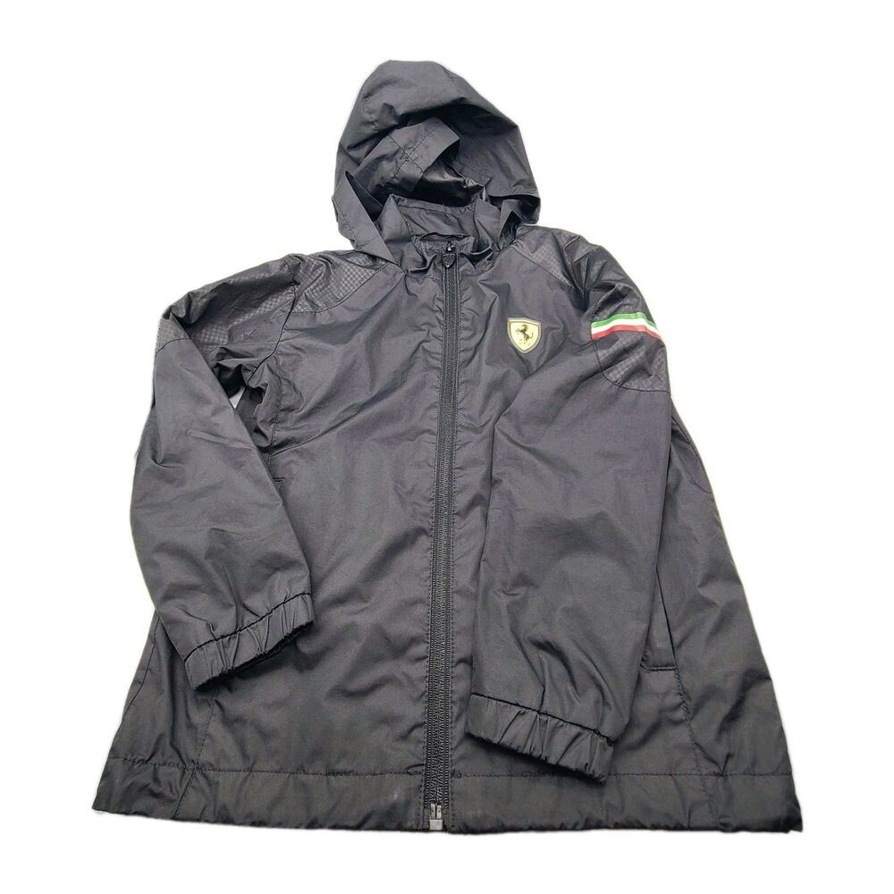 Ferrari Boys Sz 3-4Y Black Windbreaker Hooded Full Zip Jacket Pockets New